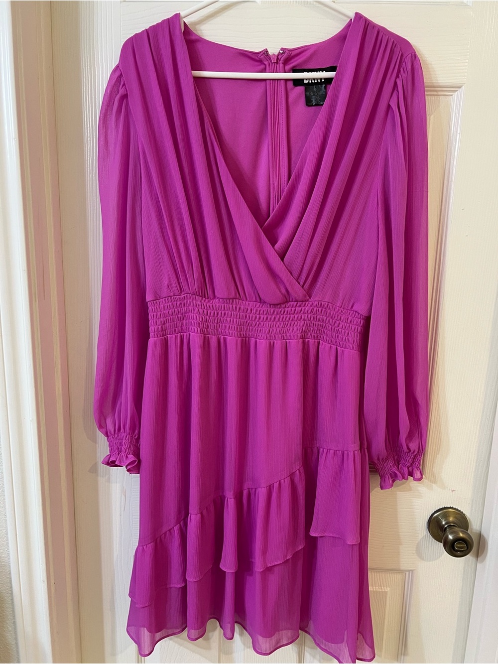 DKNY Magenta Long Sleeve Ruffle Tiered Dress